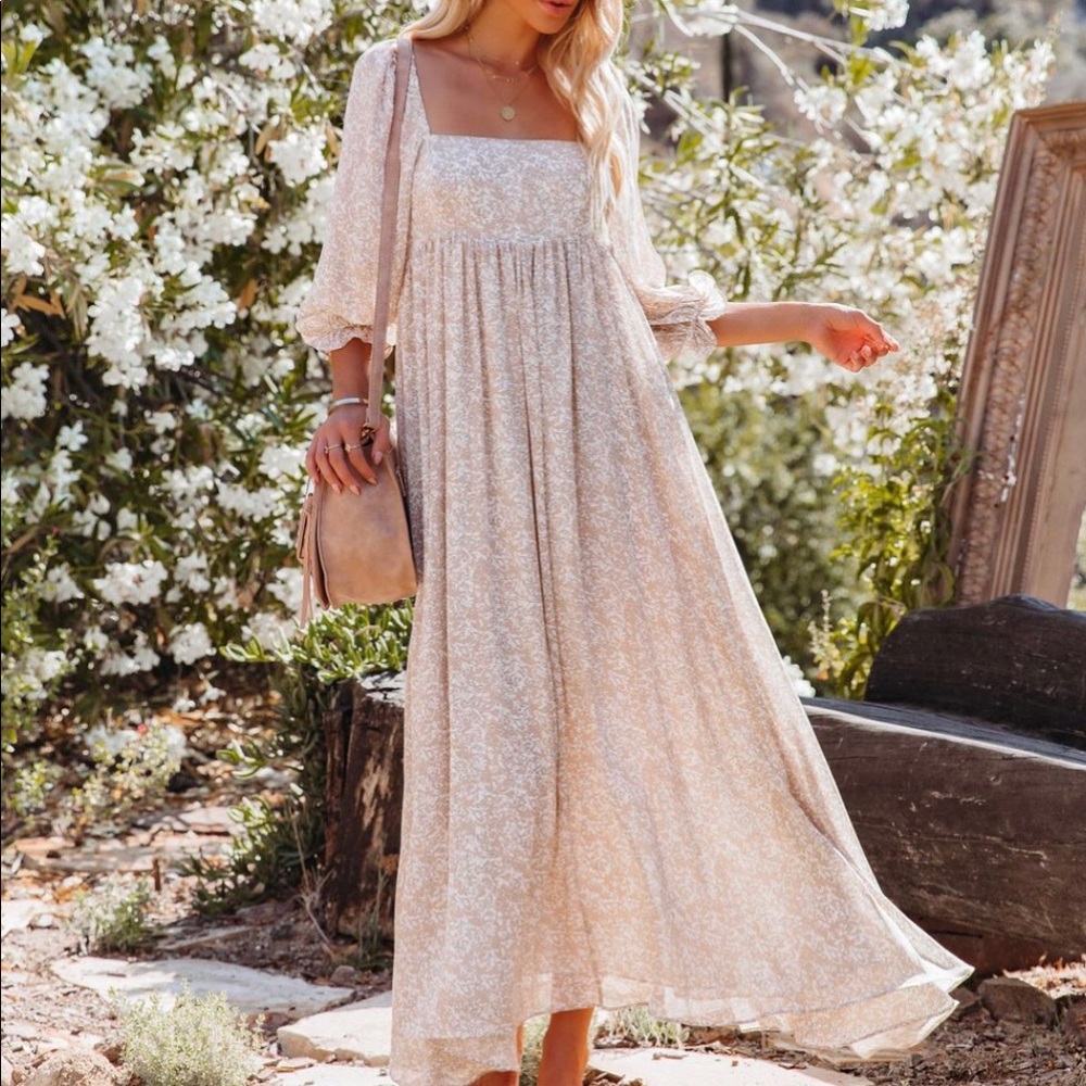 Chiffon boho maxi floral dress with 3/4 sleeve